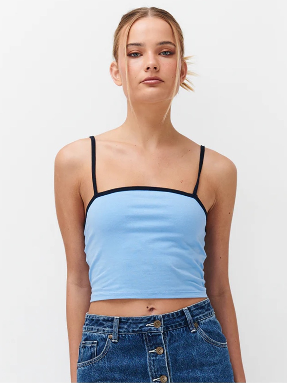 Ghanda Light Blue Spaghetti Strap Crop Top with Navy Trim